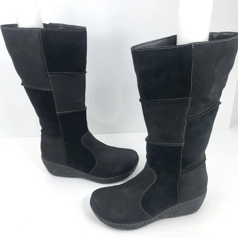 B.O.C. Black Suede Leather Patchwork Side Zip Wedge Heel Tall Boots